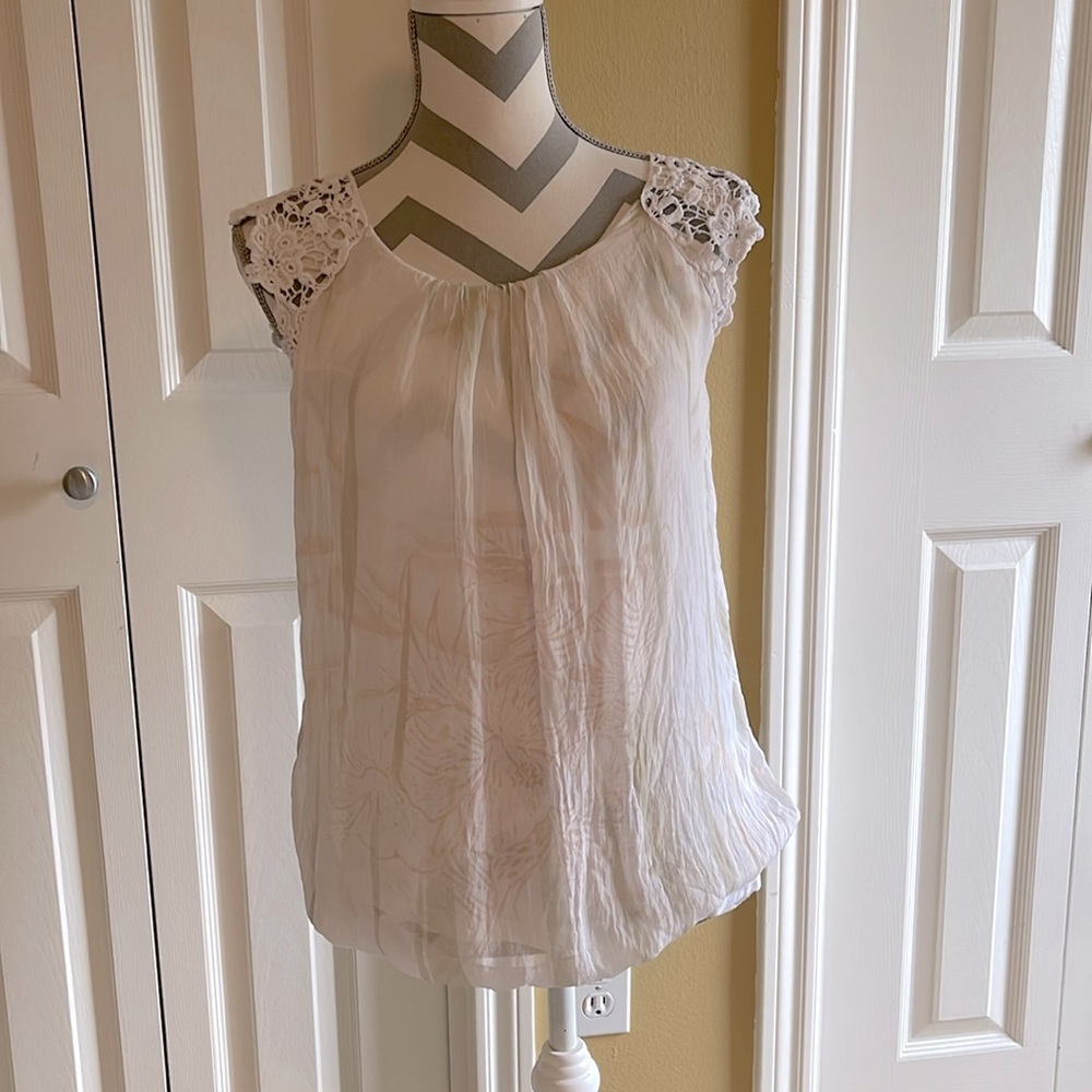 Via Signoria Women's 100% Silk Top White Lace Cap Sleeve Made in Italy Size S